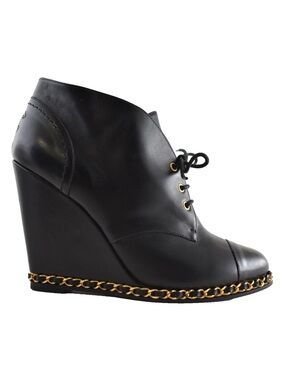Chanel Black Leather Gold Chain Around CC Logo Lace Up Tie Ankle Wedge Boot 38.5